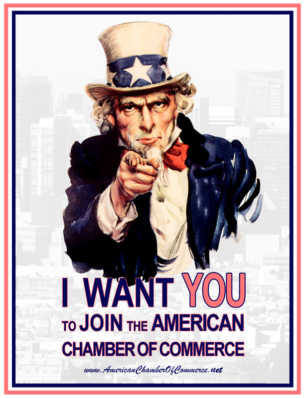 Old WWI Uncle Sam Poster:  I want You to Join the American Chamber of Commerce